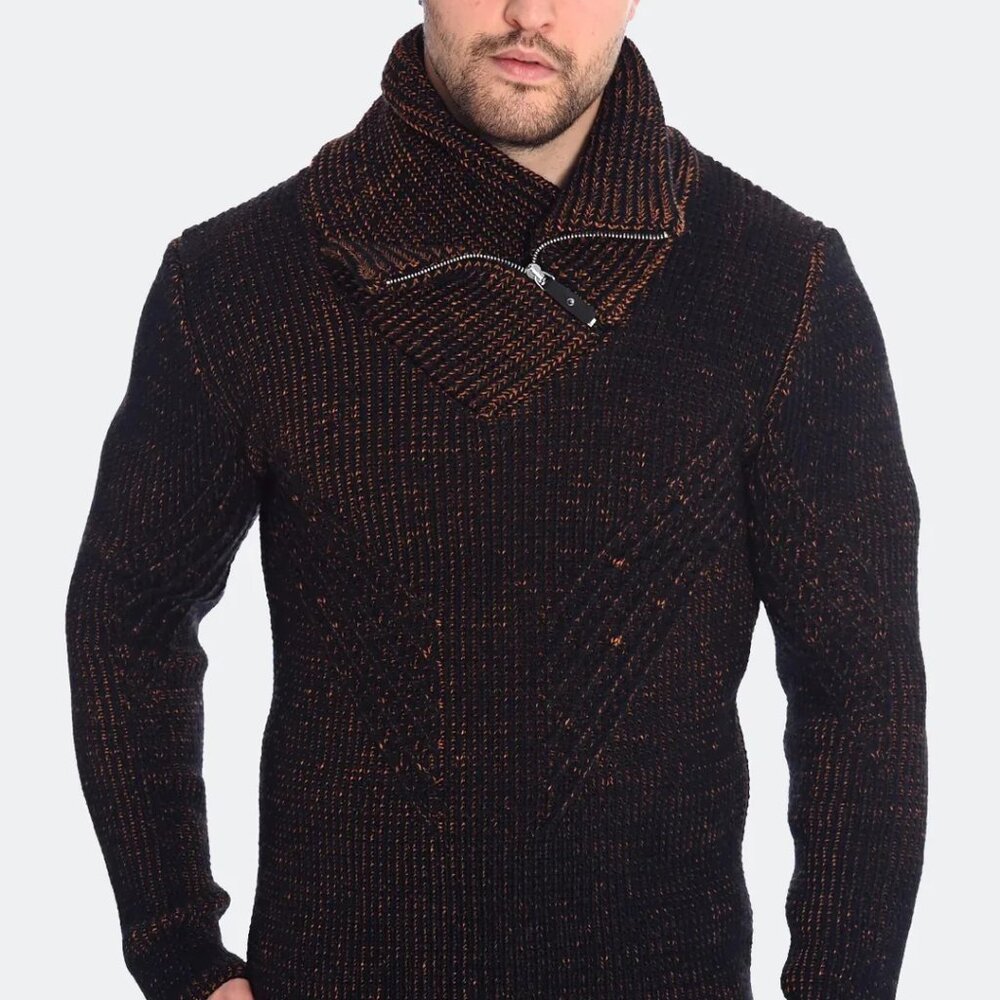 LCR Cinnamon /Navy Zip Closure Neck Long Sleeve Pullover